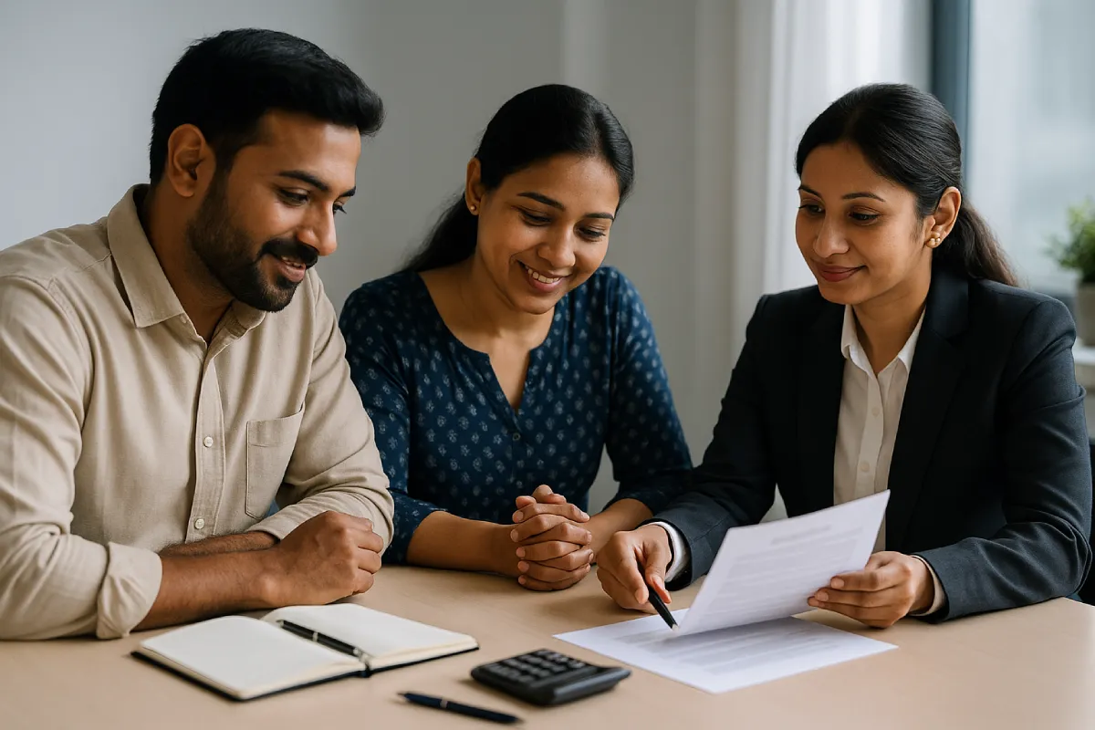 Indian couple and mediator discussing mutual consent divorce settlement