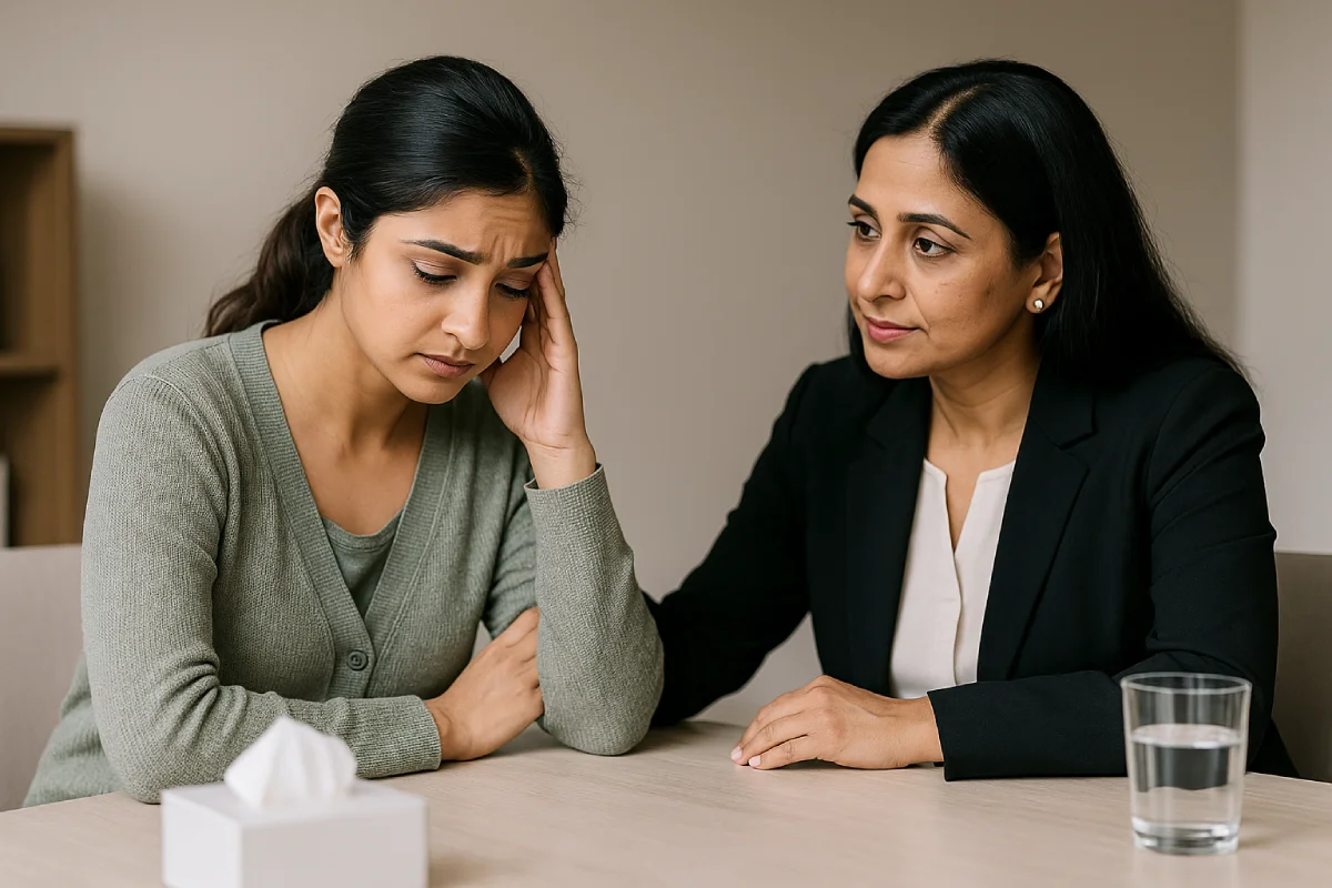 Indian woman seeks legal help in a safe private office during a difficult mediation phase