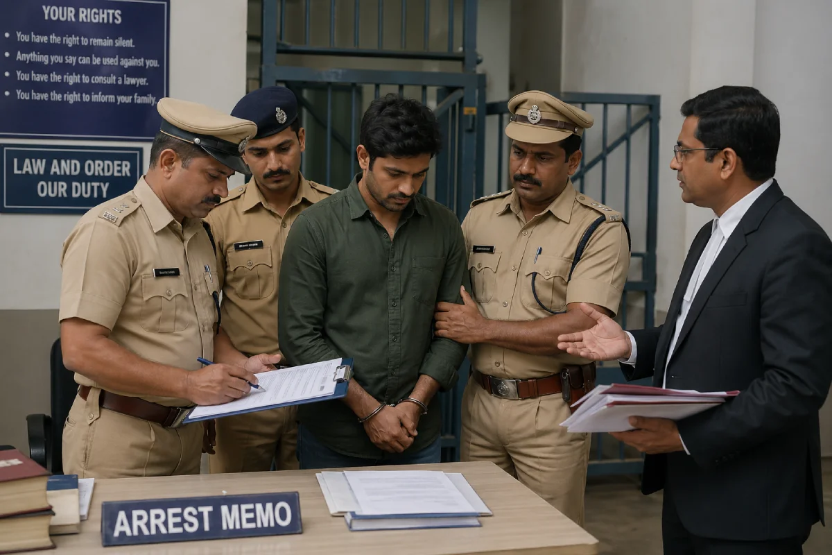 Lawful arrest procedure rights in India with lawyer and police officers