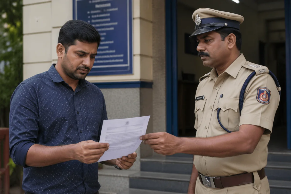 Indian man receiving BNSS police notice outside a police station