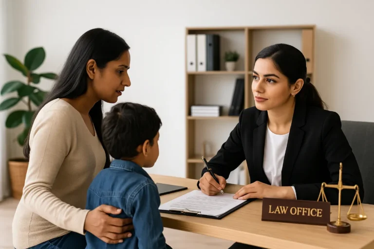 Realistic photograph of a South Asian parent holding a child’s hand while consulting with a lawyer at a sleek law-firm reception desk, illustrating Hindu child custody laws in India and child custody law consultation.