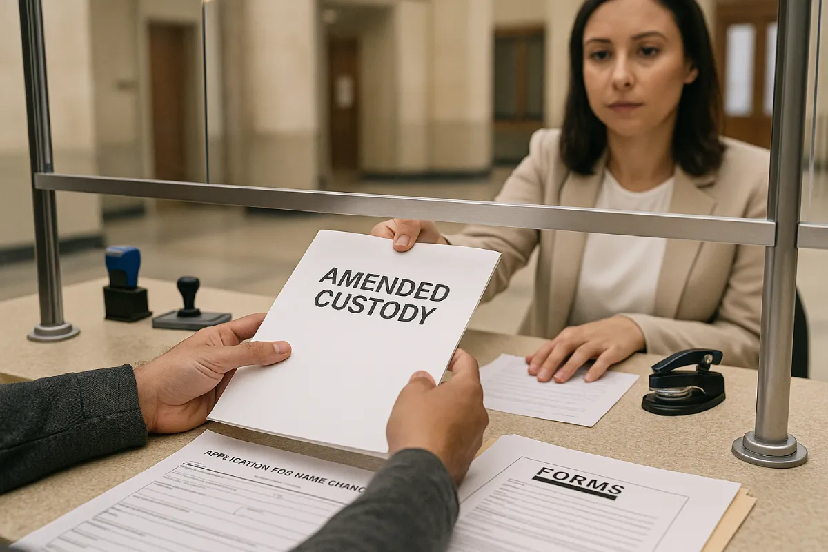 Definitive 2025 Guide to Hindu Child Custody Laws in India 6 A parent submitting amended custody documents at a courthouse counter with official stamps and forms visible, showcasing the process to modify child custody and access orders under Hindu child custody laws in India.