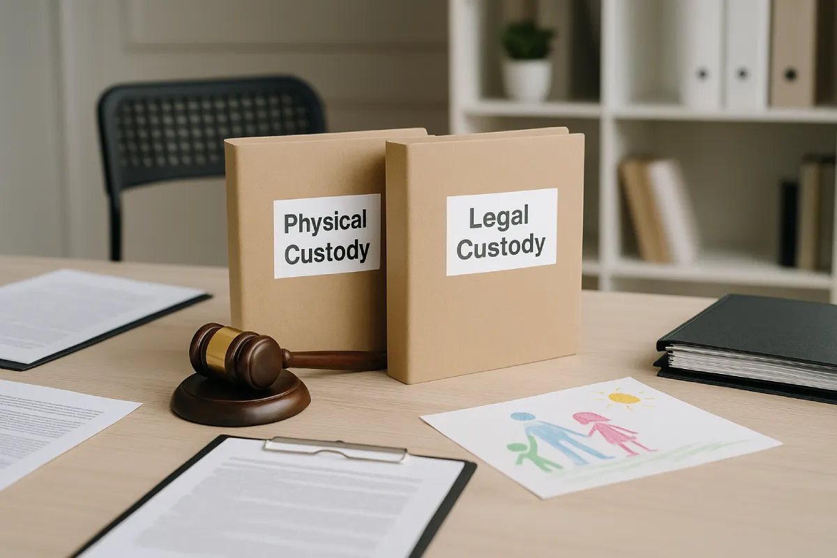 Definitive 2025 Guide to Hindu Child Custody Laws in India 4 Two file folders labeled ‘Physical Custody’ and ‘Legal Custody’ on a lawyer’s desk next to legal documents and a child’s crayon drawing, illustrating the distinctions in child custody divorce and child custody in India.