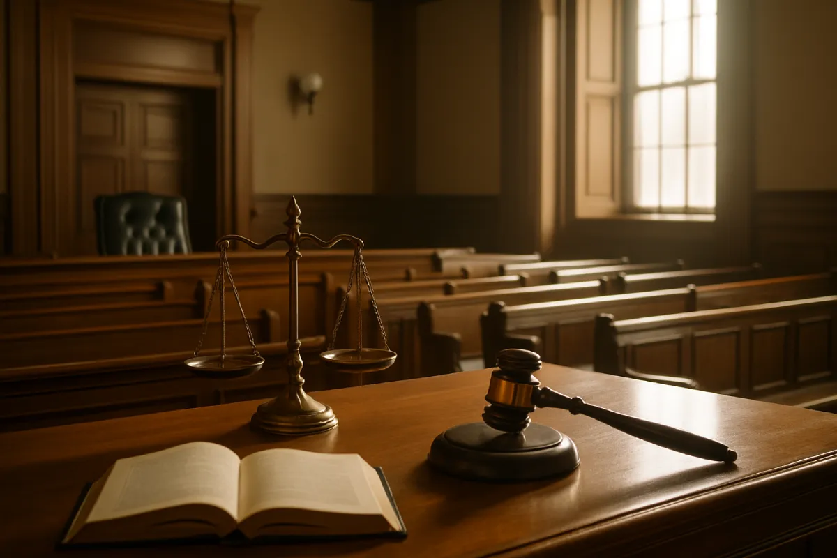 Empty courtroom with gavel and scales of justice on judge’s desk, illustrating Rights When Arrested In India and Protection Against Arrest