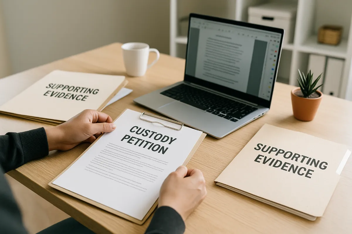 Definitive 2025 Guide to Hindu Child Custody Laws in India 5 Hands organizing a custody petition, supporting evidence folders, and an open laptop displaying legal documents in a minimalist home office, depicting how to prepare a strong child custody petition under Hindu child custody laws in India.
