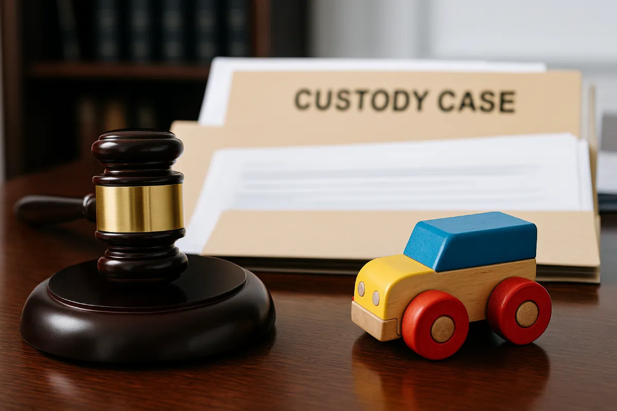 Definitive 2025 Guide to Hindu Child Custody Laws in India 3 Close-up of a judge’s gavel and a child’s wooden toy car on a polished desk beside custody case files, symbolizing physical custody and legal custody decisions under Hindu child custody laws in India.