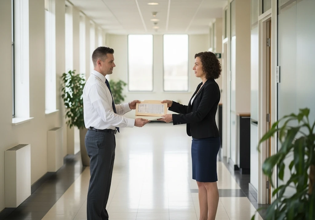 Professionals exchanging sealed evidence folder in an office