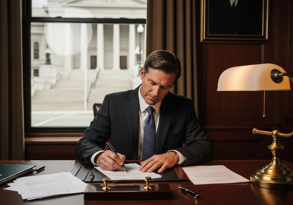 Lawyer drafting divorce petition at a desk with legal documents