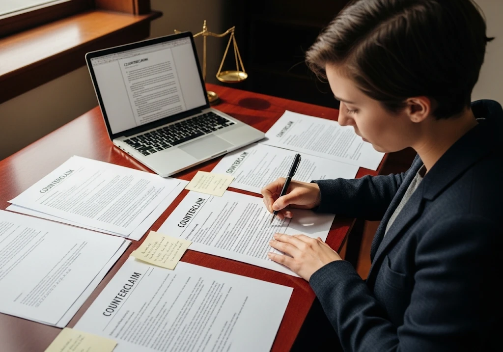 Divorce response and counterclaim documents on a desk