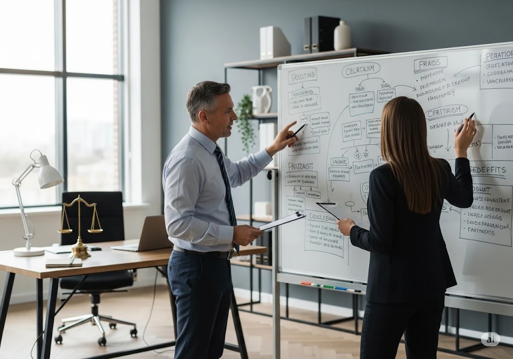 Lawyers framing divorce case issues on a whiteboard
