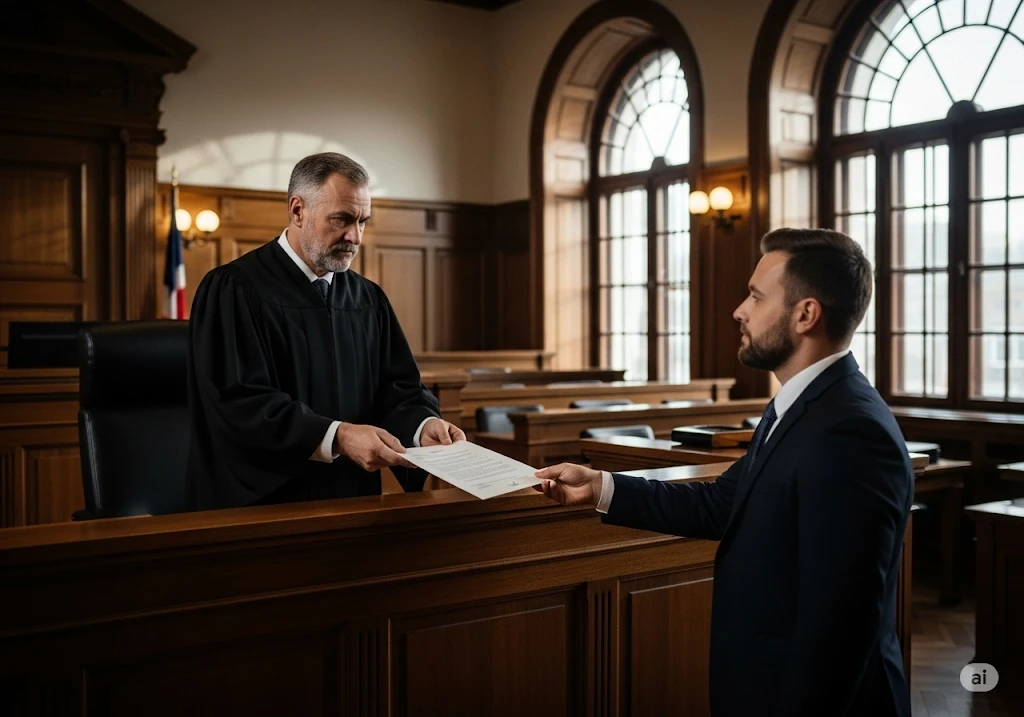 Judge handing signed divorce decree across courtroom bench