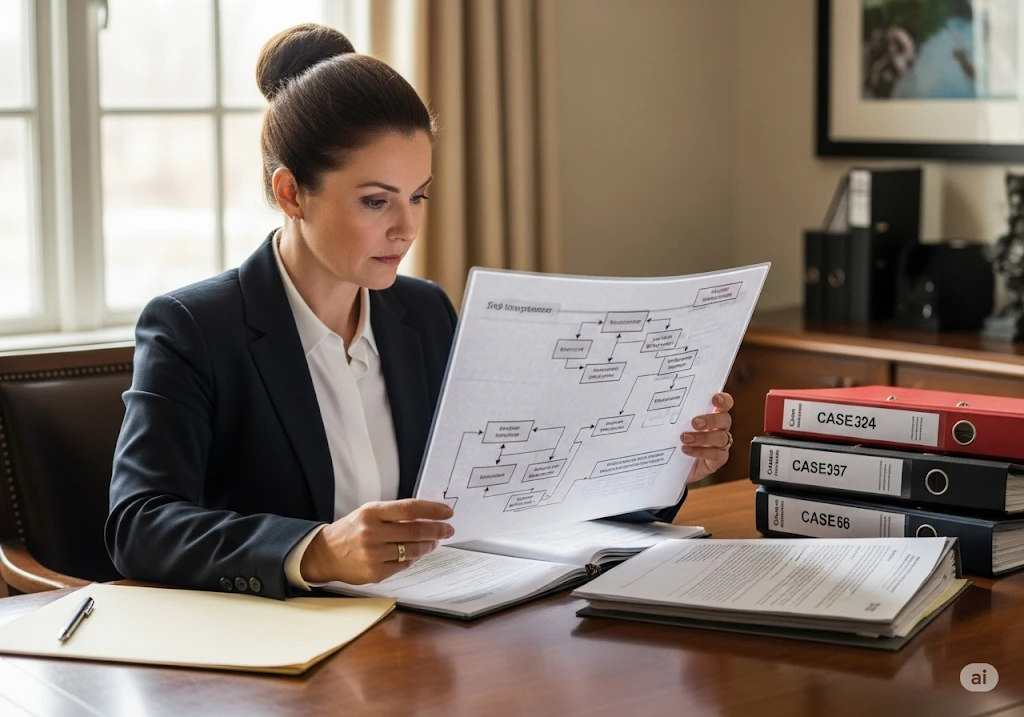 Legal workflow on a desk explaining the contested divorce process