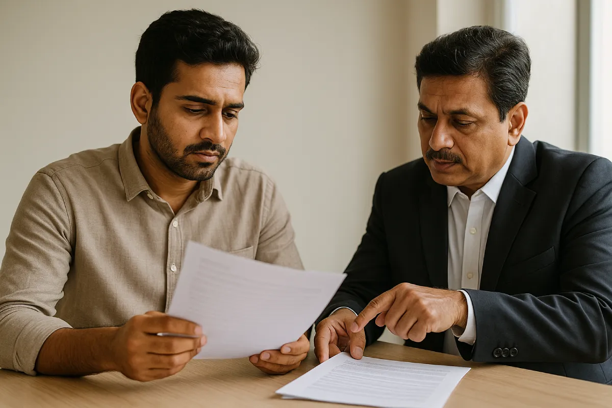 Is Husband Responsible for Child from Wife’s Affair? 4 Man reviews documents with lawyer on family court paternity rights