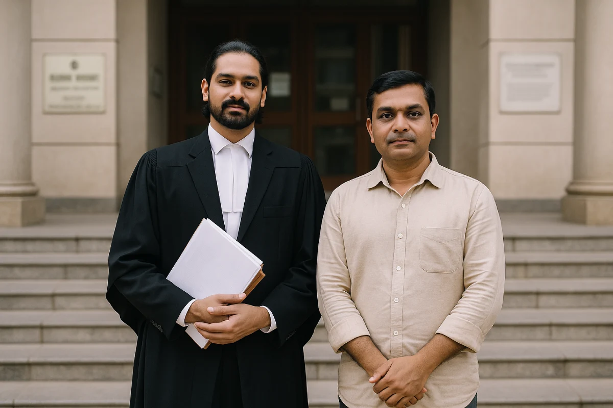 What Is Bail? Powerful Guide to Types, Process & Costs 1 What is Bail: Indian lawyer with client outside courthouse steps