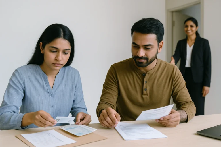 Mediation in Divorce: Indian couple consulting a neutral mediator in a bright office