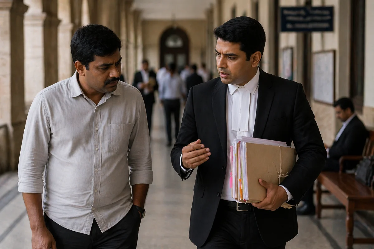 Bail hearing process Bangalore: lawyer briefs client in Bengaluru court corridor