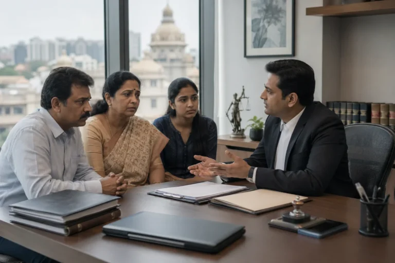 Regular bail lawyer in Bangalore advising family in Bengaluru office