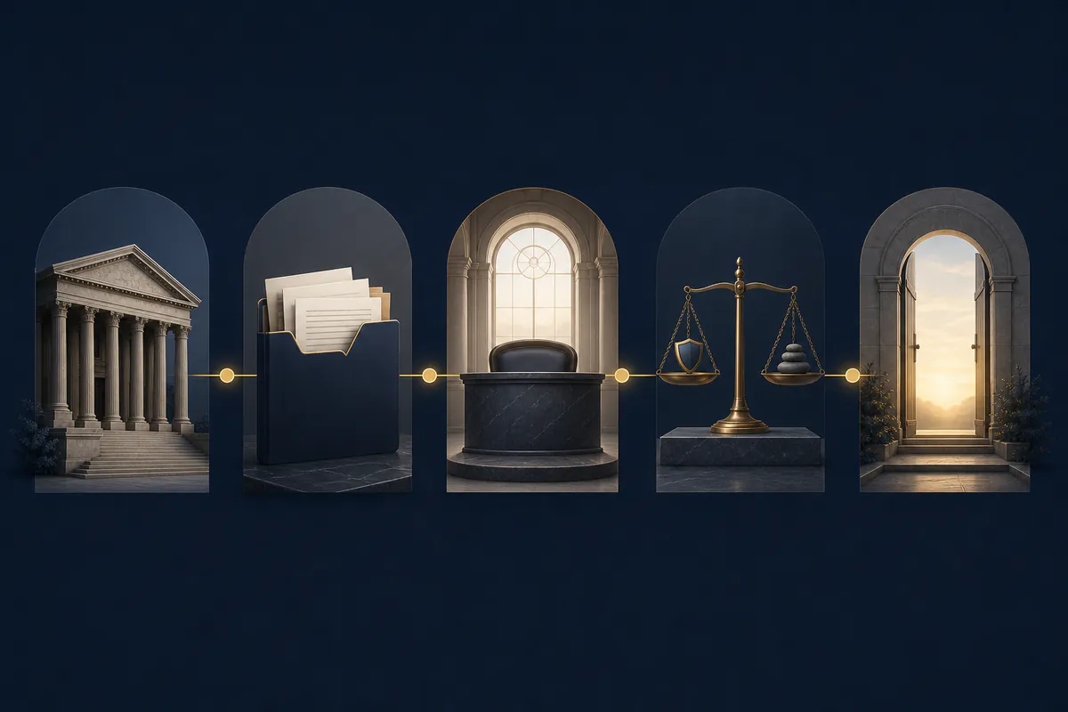 Five-stage visual of an anticipatory bail application moving from filing to a court order