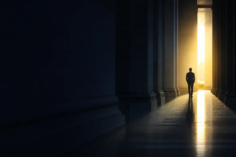 A person approaching a courthouse corridor before legal proceedings begin