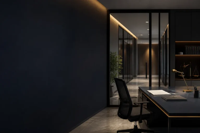 An empty executive office with employment documents prepared on a desk