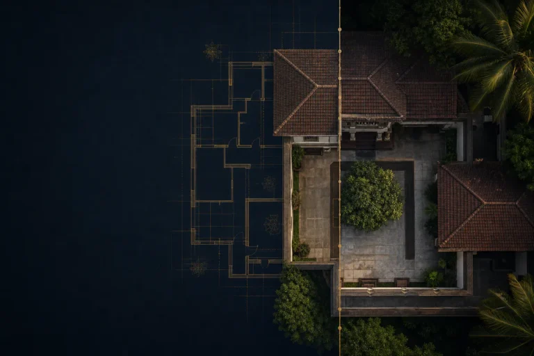 A family property divided between an architectural plan and the completed home
