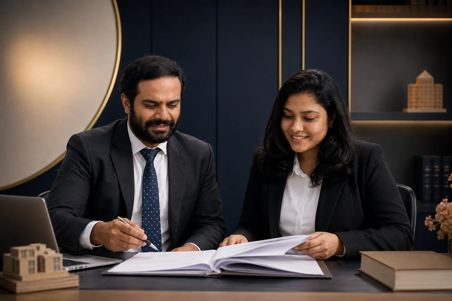 Aiyappa B.T. and Ann Finiya Pereira reviewing property matter documents together