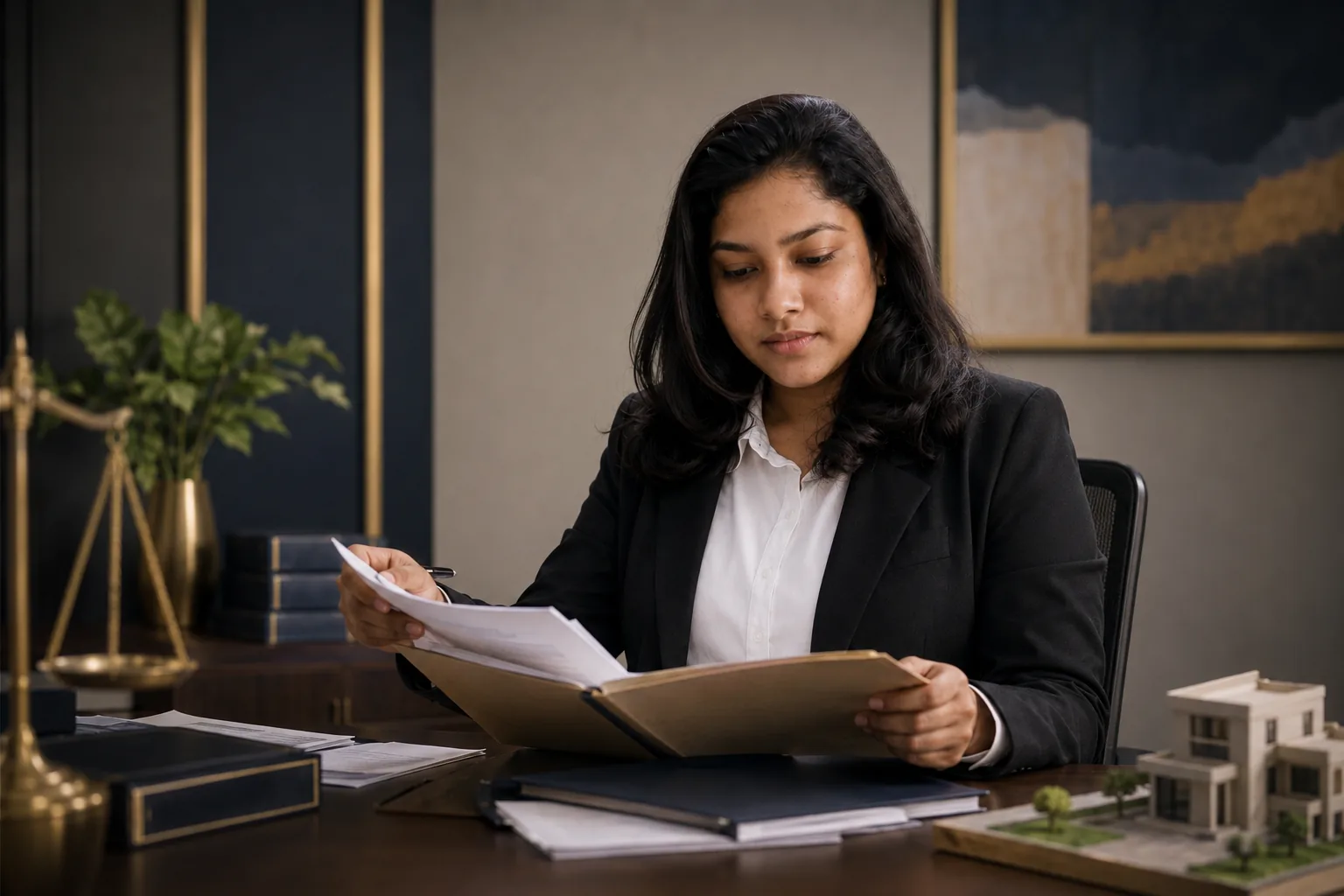 Ann Finiya Pereira reviewing a property dispute file
