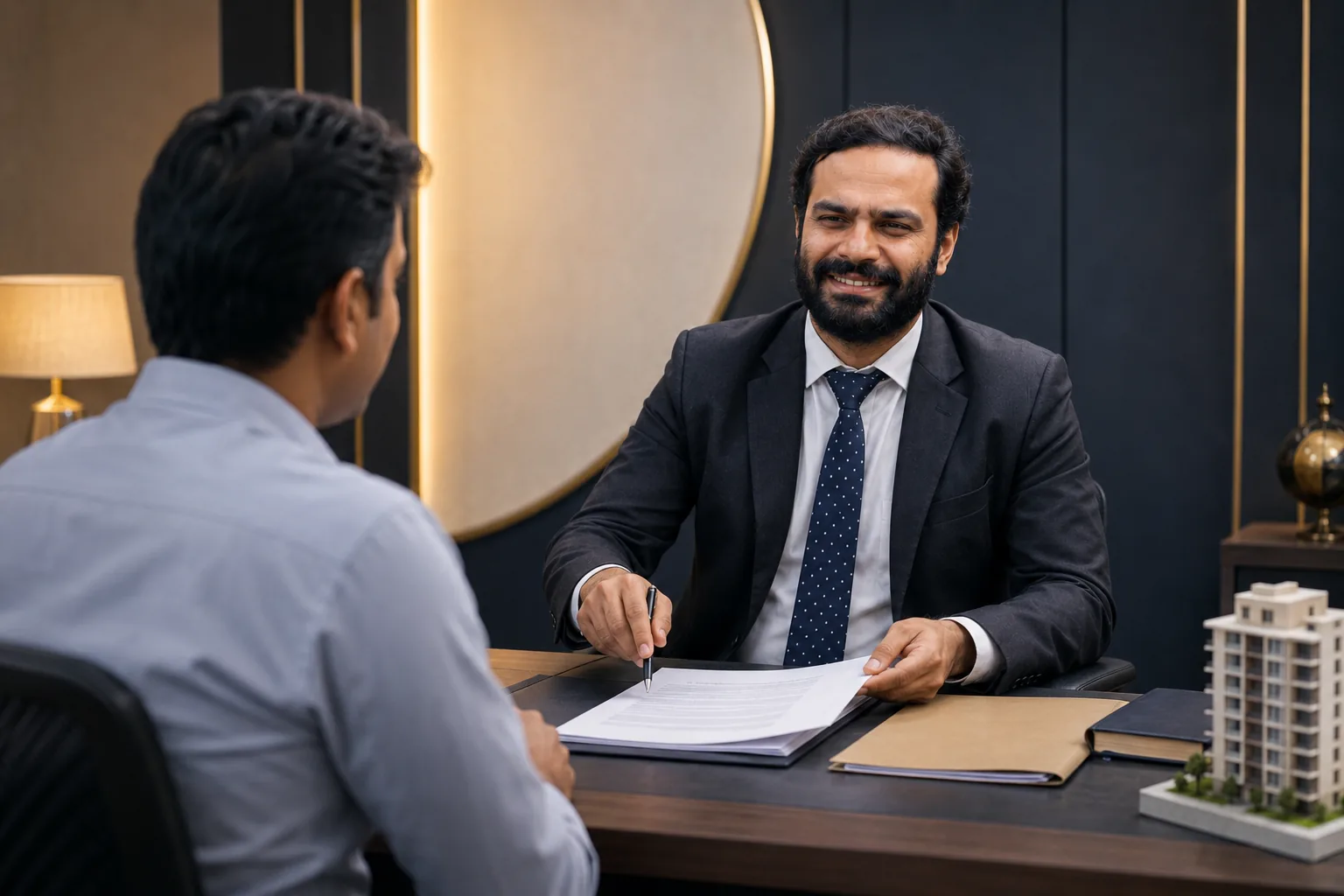Aiyappa B.T. discussing property transaction documents with a client