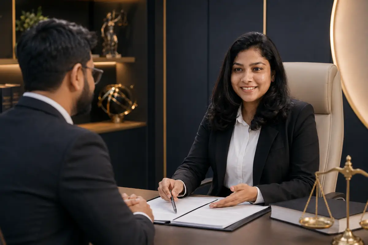 An advocate at ManAt Legal taking instructions from a client across a desk