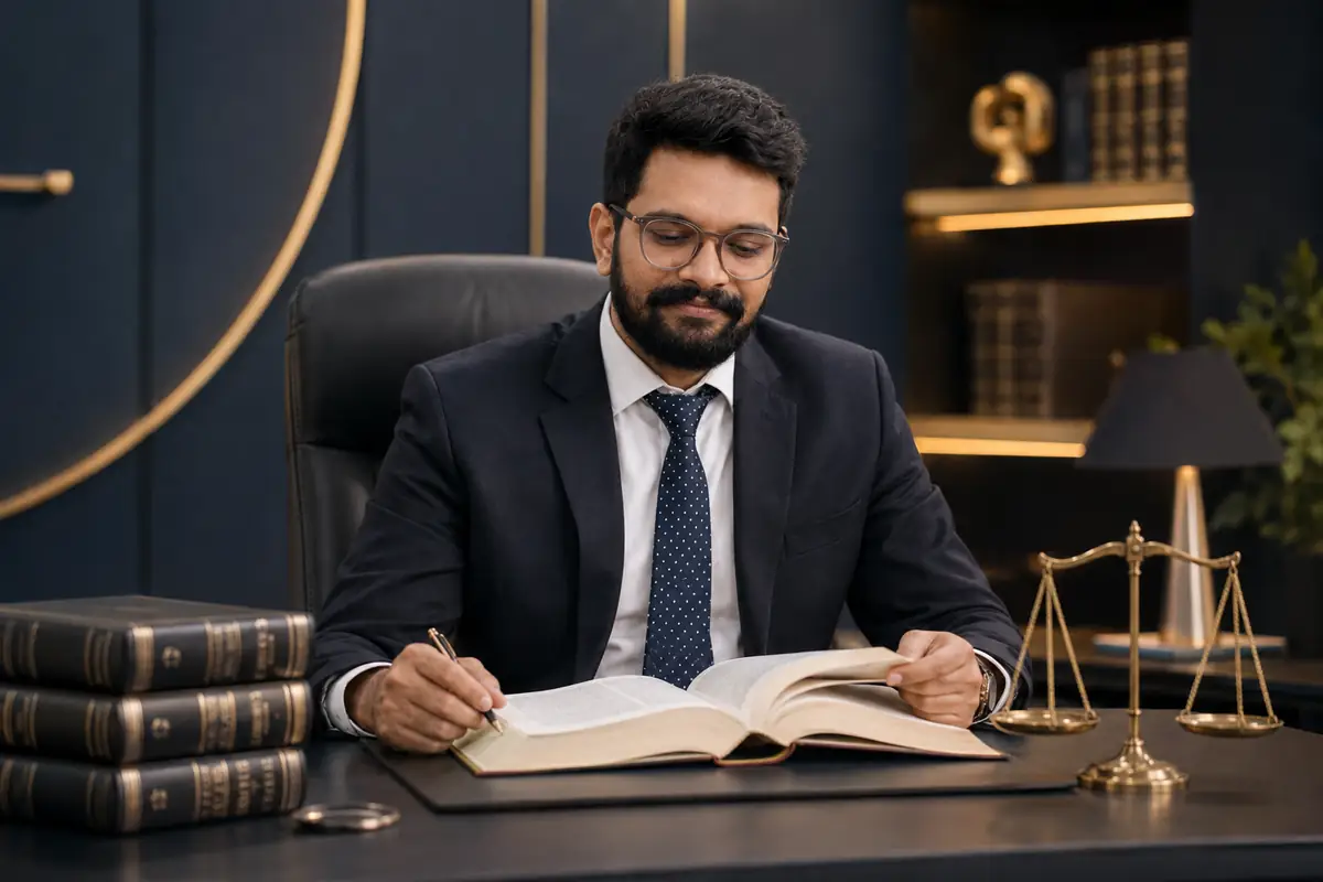 Manu Shankar preparing a matter at his desk at ManAt Legal