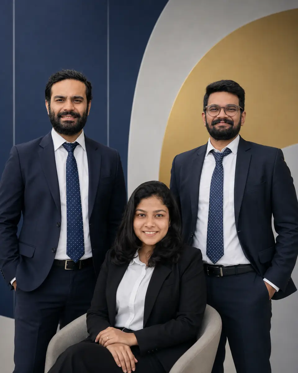 Manu Shankar, Ann Finiya Pereira and Aiyappa B.T. of ManAt Legal photographed together at the firm's Bengaluru office