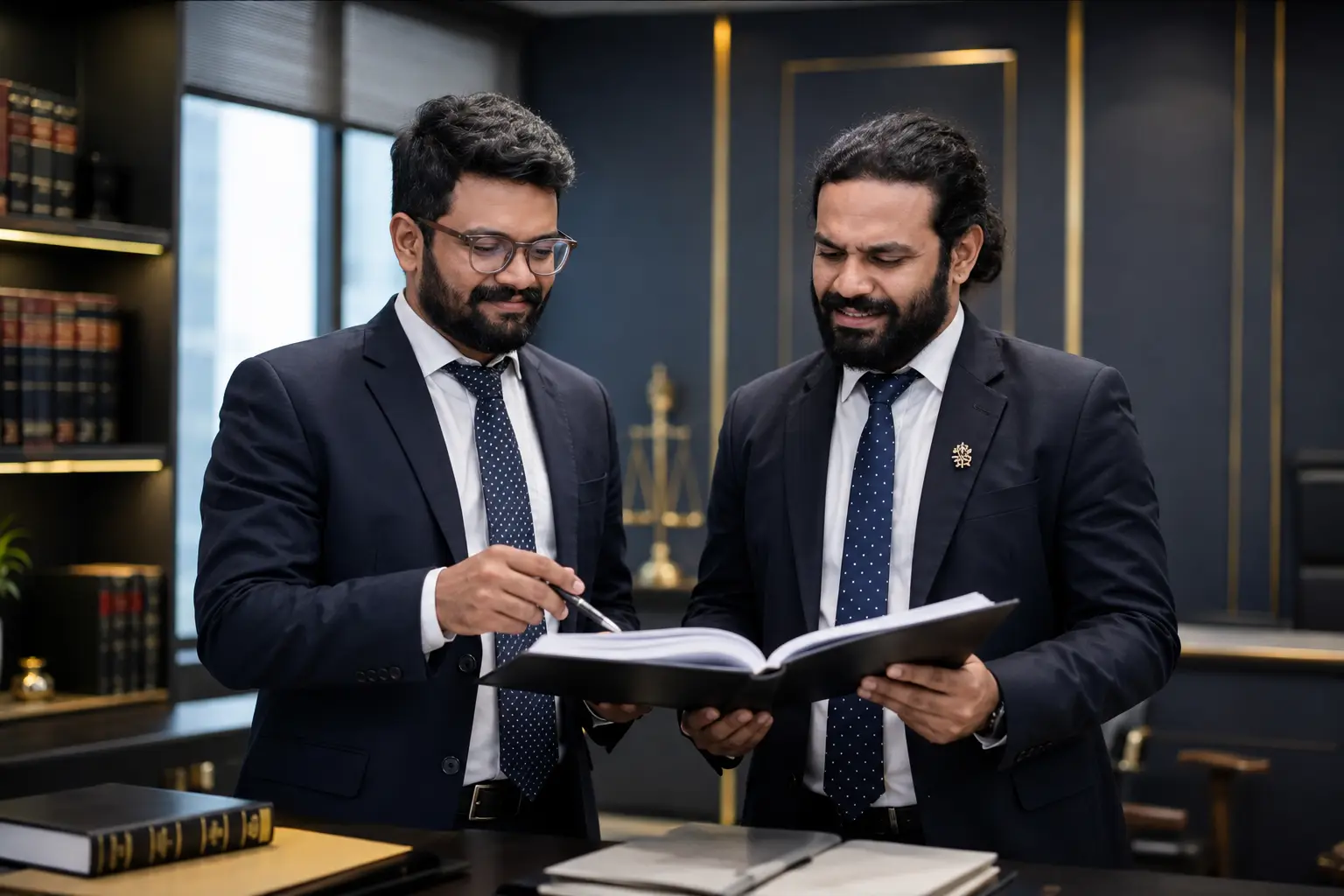 Advocates discussing strategy for an arbitration dispute
