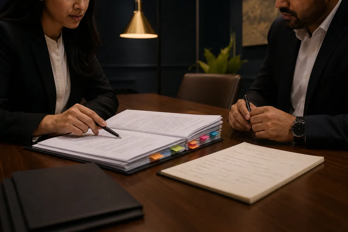 Advocates reviewing an arbitration agreement and case bundle