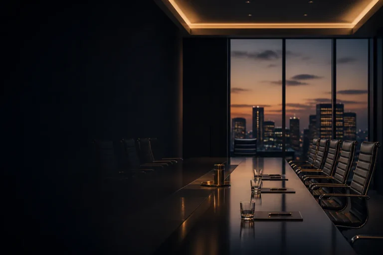An empty boardroom arranged for a high-stakes company governance meeting